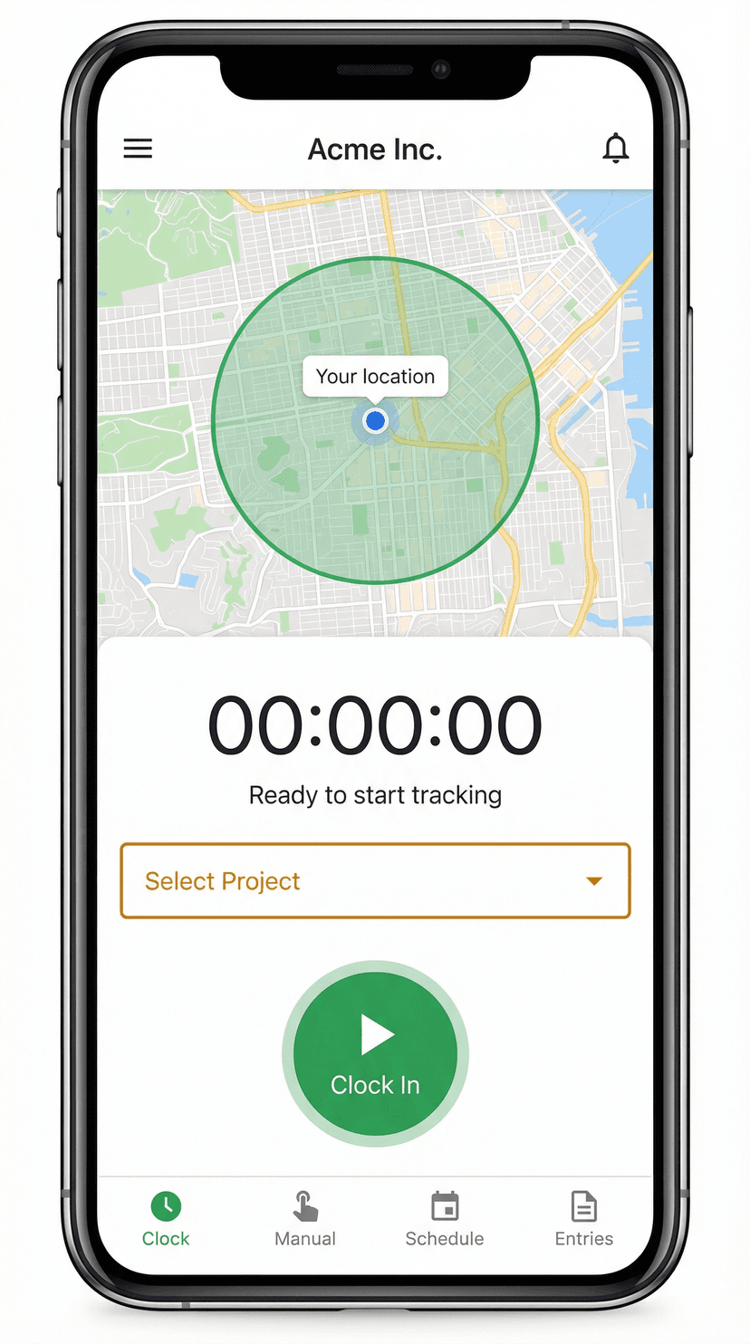 CrewPunch mobile interface showing GPS map with geofence and clock-in button
